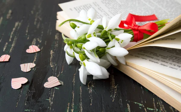 A nyitott könyv a szív hóvirág csokor — Stock Fotó