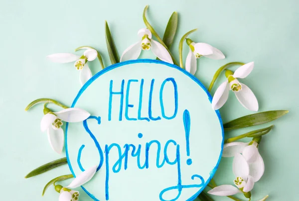 Hello spring note decorated with snowdrops — Stock Photo, Image