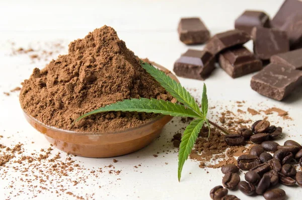 Какао порошок в миске, кусочки шоколада и кофе — стоковое фото