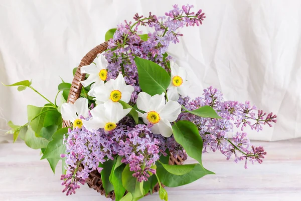 Lilás e narciso flores em uma cesta — Fotografia de Stock
