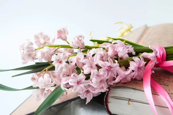 Flores de jacinto em livro vintage aberto — Fotografia de Stock