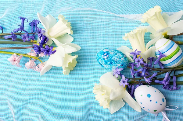 Easter eggs and narcissus flowers on blue — Stock Photo, Image