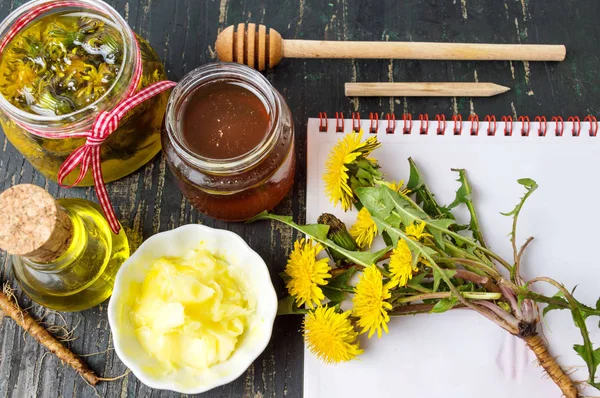 Kolekcja mniszek naturalnych produktów z notebooka — Zdjęcie stockowe