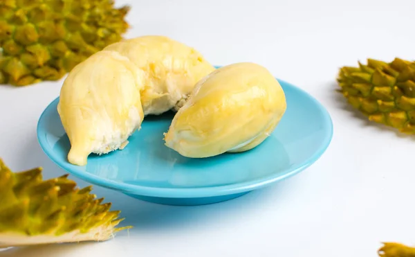 Durian gyümölcsöt darab kék lemez — Stock Fotó