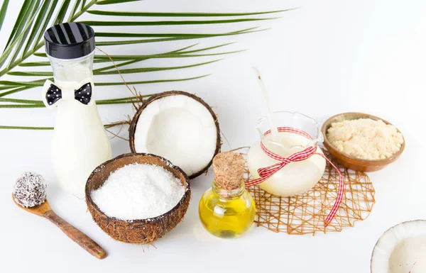 Diverse collectie van de producten van de kokosnoot op wit — Stockfoto
