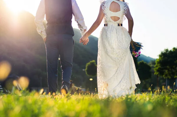 Bruid en bruidegom lopen naar zonsondergang hand in hand — Stockfoto