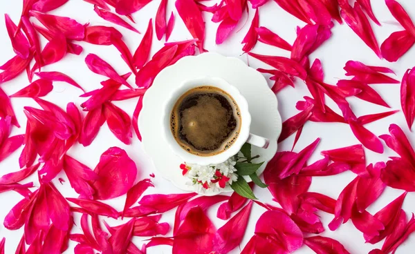 Tasse Kaffee umgeben von Blütenblättern — Stockfoto