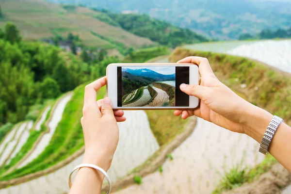 Chica capturar arroz terraza paisaje con un teléfono — Foto de Stock