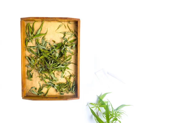 Marihuana suszonych liści w drewniane pudełko — Zdjęcie stockowe