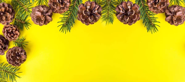 Pine cones on yellow background festive background — Stock Photo, Image