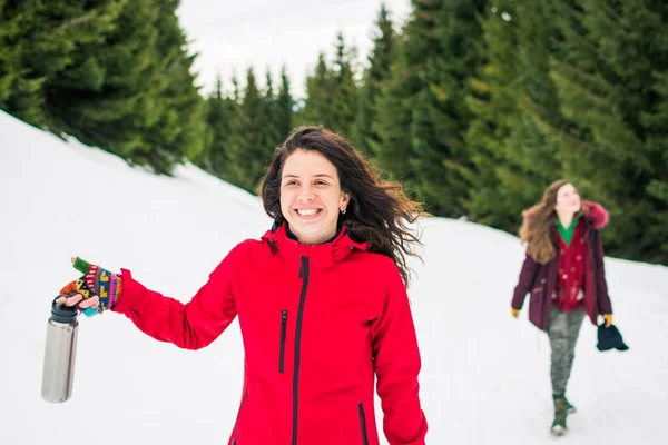 Meninas felizes em uma viagem de caminhada na montanha nevada — Fotografia de Stock