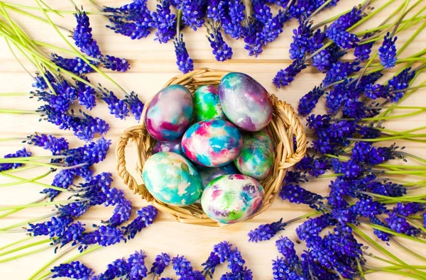 Malovaná velikonoční vajíčka a fialový jarní květiny — Stock fotografie