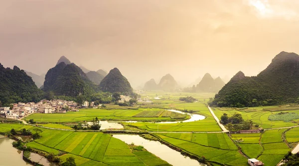 Câmpuri uimitoare de orez și formațiuni carstice peisaj în Guangxi pro — Fotografie, imagine de stoc