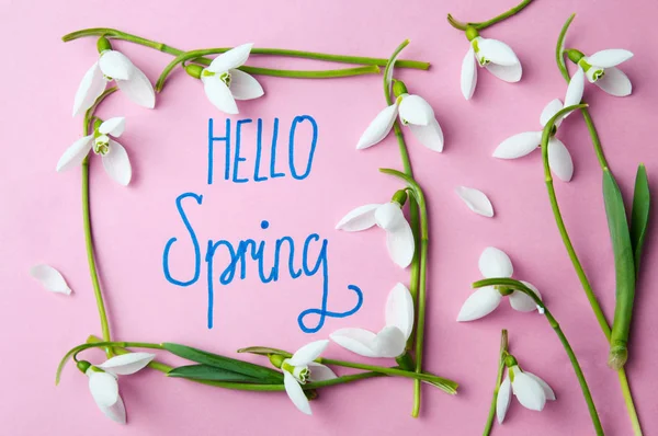 Hello spring handwritten note with snowdrops — Stock Photo, Image