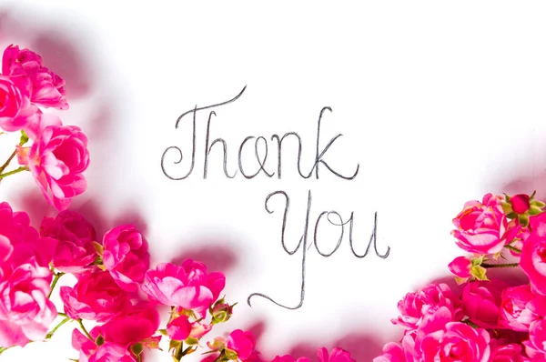 Thank you note with pink roses on white — Stock Photo, Image