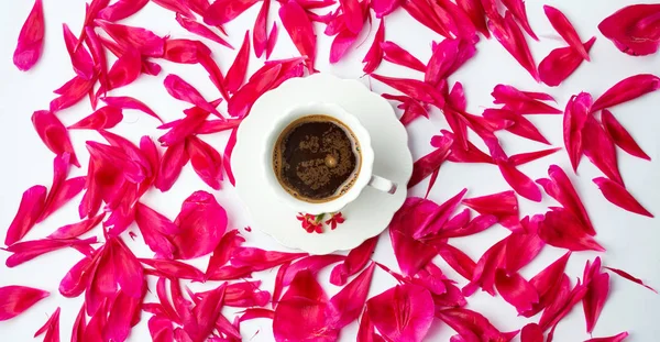 Чашка кави в оточенні пелюсток квітів — стокове фото