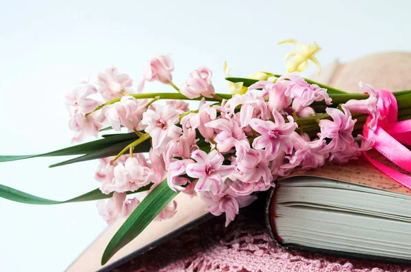 Hyacint blomster på åben vintage bog - Stock-foto
