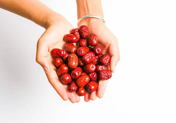 Hand holding Jujube Chinese red dates isolated