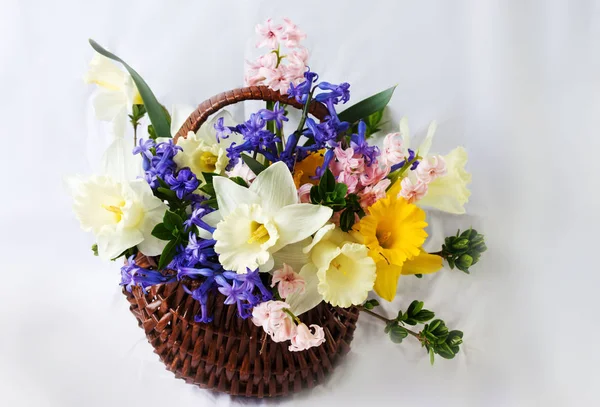 Coloridas flores de primavera en una canasta de mimbre — Foto de Stock