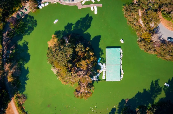 Vista aérea de un estanque verde con barcos y una isla — Foto de Stock