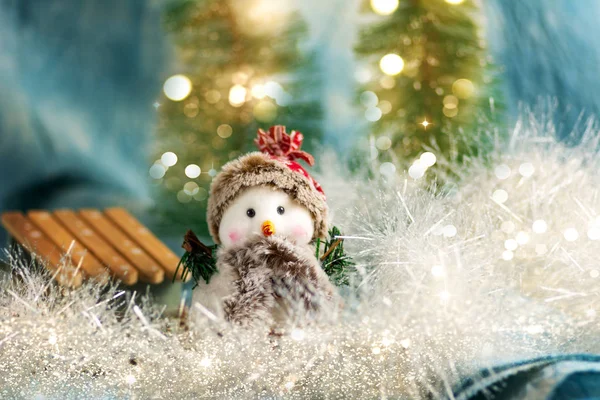 Snowman with festive Christmas holiday background — Stock Photo, Image