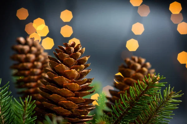 Pinecones a jedle ve svátečním vánočním prostředí — Stock fotografie