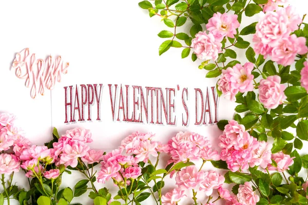 Happy Valentines day card with pink roses arrangement — Stock Photo, Image