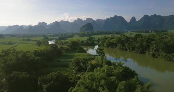 広西チワン族自治の石灰岩岩や水田の農村中国の風景中国の航空ビュー — ストック動画