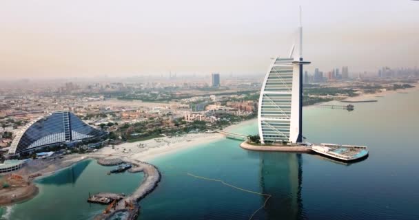 Dubai Sea Skyline Burj Arab Luxury Hotel Air View Sunrise — стокове відео