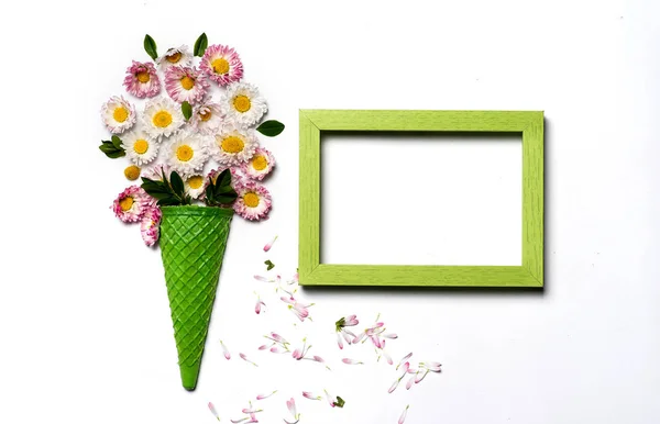 Ice Cream Cone Flower Bouquet Homemade Decoration Copy Space — Stock Photo, Image