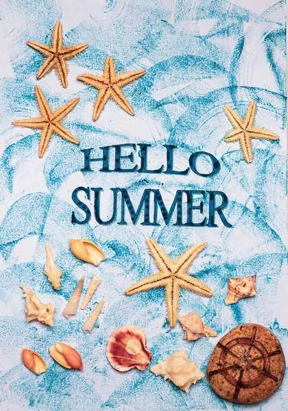 Hello Summer Background Starfish Seasonal Symbols Flat Lay Background Summer — стоковое фото