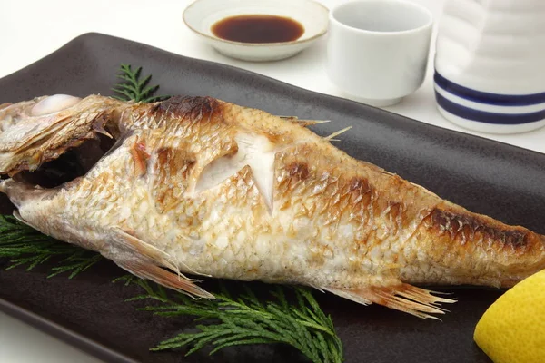 Grilled rosy sea bass with salt, Japanese food with rice wine — Stock Photo, Image