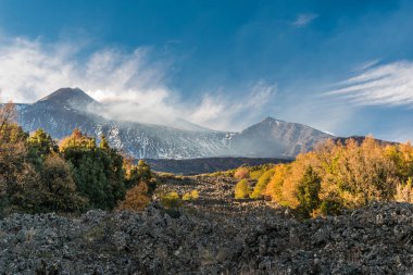 Sicilya 'daki Etna volkanının doğu kanadına bakın; arka planda güneydoğu krateri, önplanda 1950-51 patlamasının kurak lav akıntısı var.