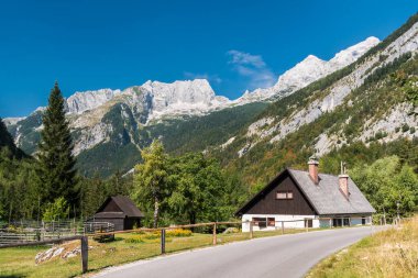 Slovenya 'nın Soca Vadisi' ndeki Trenta yakınlarındaki dağ manzarası