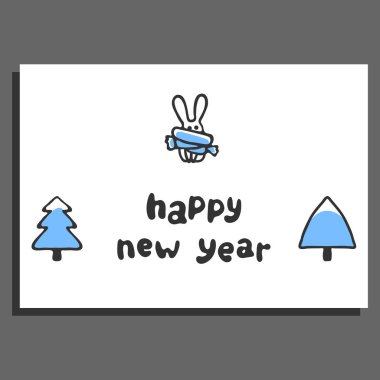 Mutlu yeni yıl tebrik kartı sevimli çizgi tavşan ile