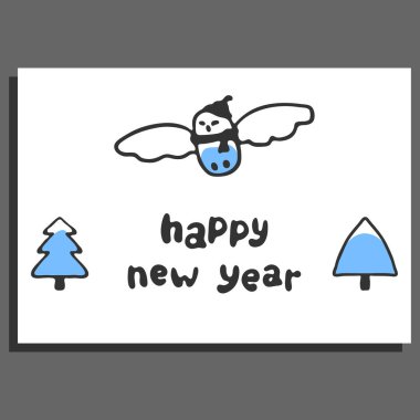Mutlu yeni yıl tebrik kartı ile sevimli çizgi kar baykuşu