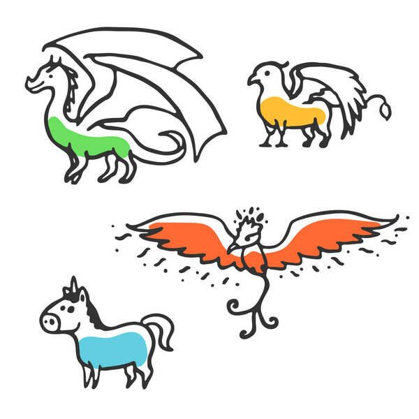 Set of cute little cartoon mythical beasts