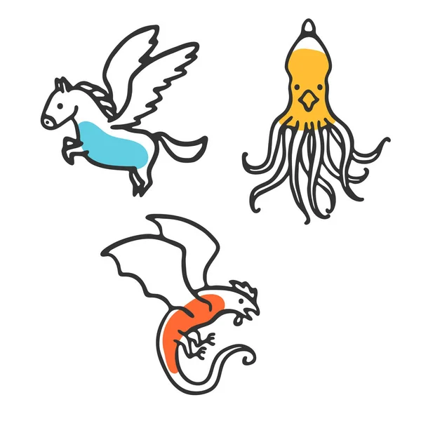 Conjunto de pequenos animais míticos de desenhos animados bonitos — Vetor de Stock
