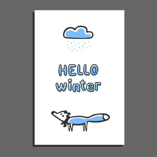 Привет зимняя открытка с дождливым облаком и милой лисой — стоковый вектор