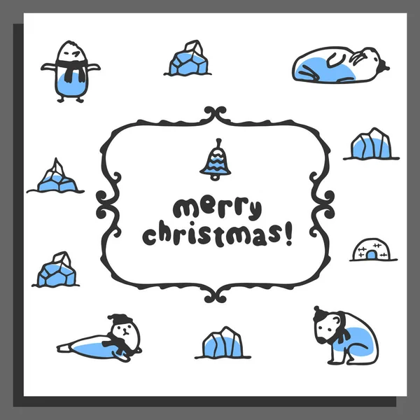 Счастливая рождественская открытка с милыми каракулями моржа, тюленя, белого медведя — стоковый вектор