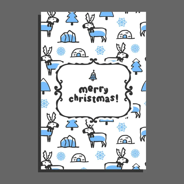 Merry christmas greeting card with cute cartoon reindeer — Stock Vector