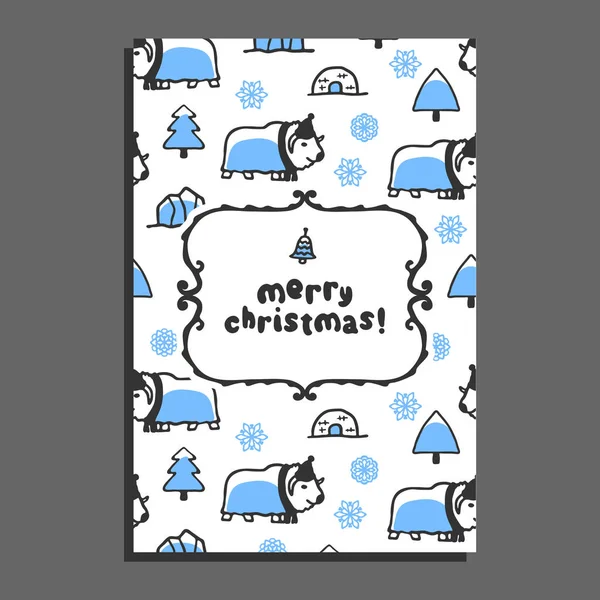 Feliz Navidad tarjeta de felicitación plantilla con dibujos animados lindo almizcle-buey — Vector de stock