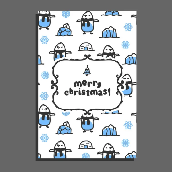 Feliz Natal cartão modelo de saudação com bonito desenho animado pinguim — Vetor de Stock