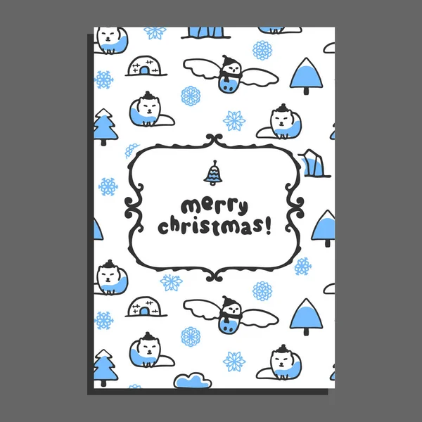 Merry christmas greeting card template with cute cartoon snowy owl — Stock Vector