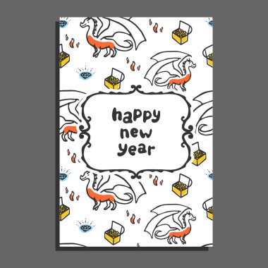 Ejderha ve hazineleri ile mutlu yeni yıl tebrik kartı