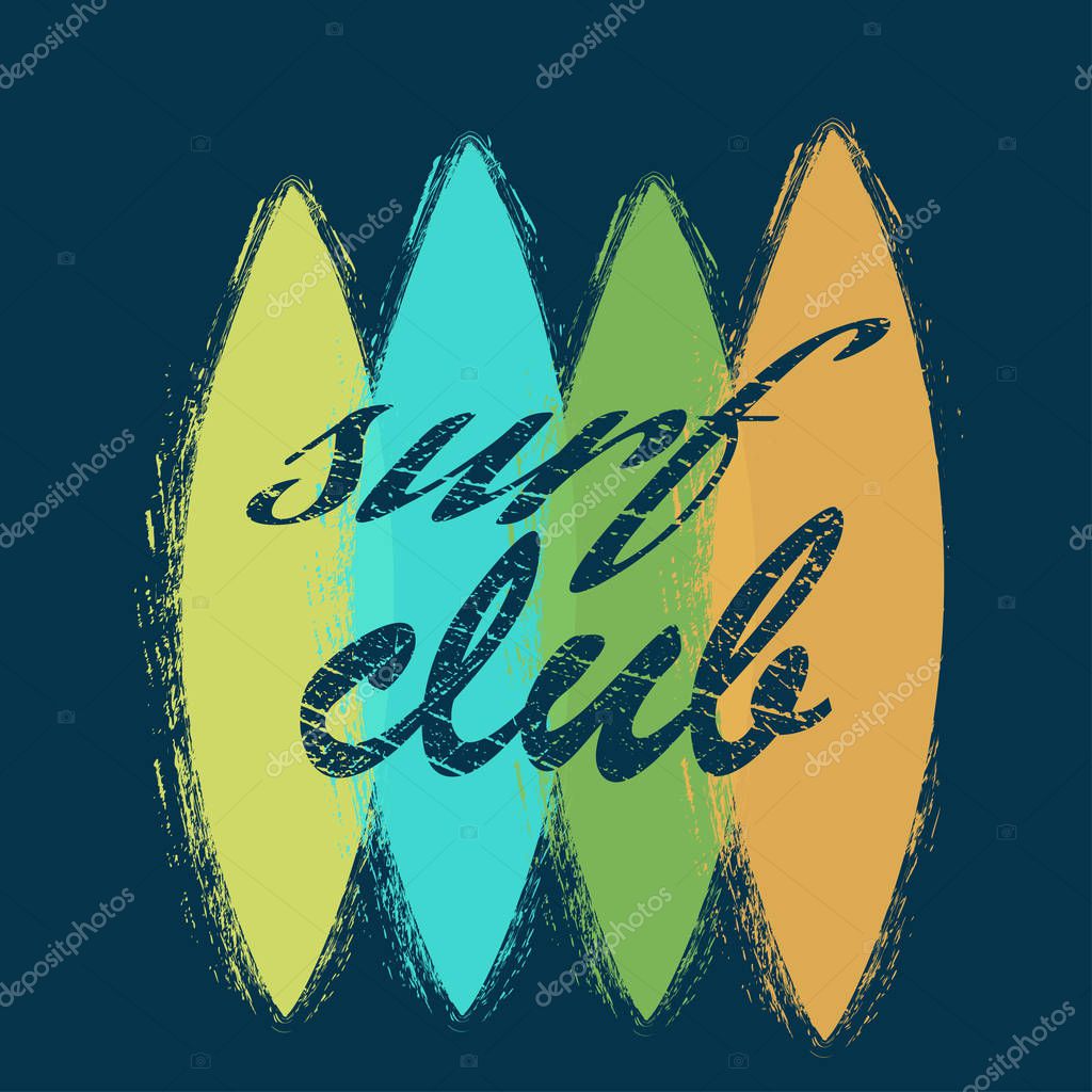 Four colorful surfing boards silhouettes on blue background. Vector logo. Abstract flat design concept for surfing club, school, summer water sport. Surf concept for shirt or logo, print. Icon