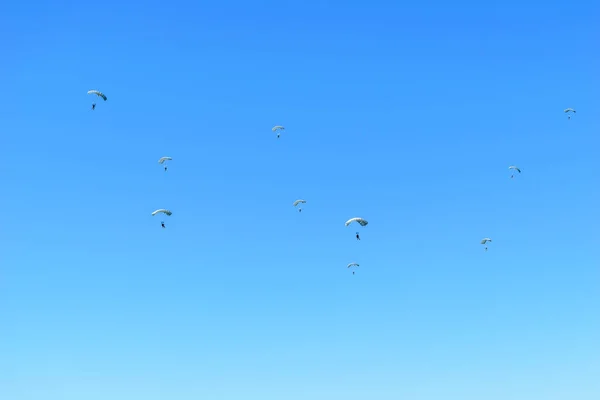 Paratroopers descend to earth on the blue clear sky background — Stock Photo, Image