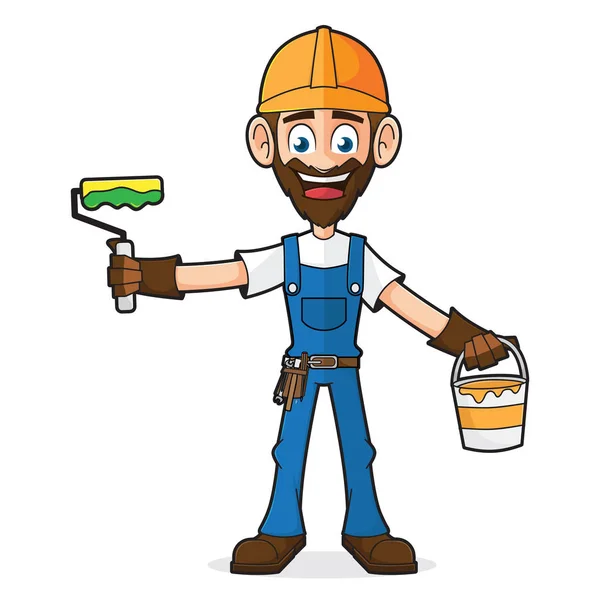 Handyman sosteniendo pintura y rodillo de pintura — Vector de stock