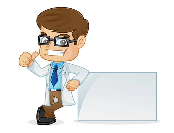 Doctor Giving Thumb Up and Leaning on a Blank Sign — Stock Vector