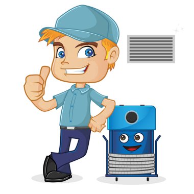 HVAC teknisyeni makinesi temizlemek için eğilerek